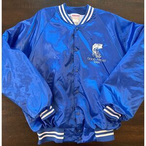 Vintage Hartwell Blue Satin Bomber Jacket Embroidered Fish Good Friday 1994